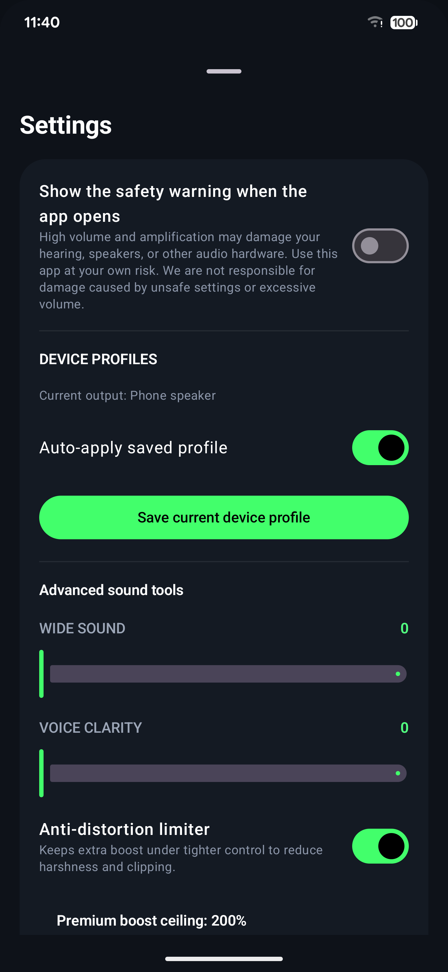 Settings screen in English