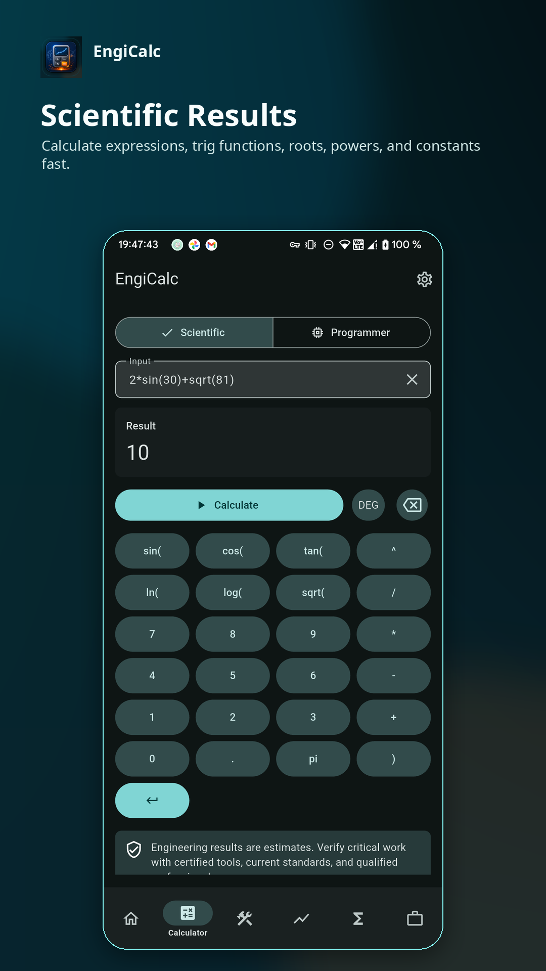 Engineering Calc: All-in-One Android calculator screen with a scientific expression and result